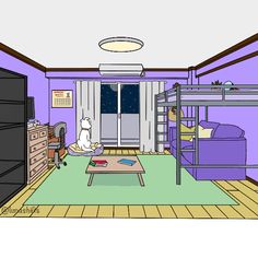 a room with bunk beds and purple walls