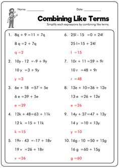 the worksheet for combining like terms is shown in red and black, with numbers