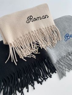 Embroidered Personalised scarf, monogrammed scarf, winter scarf, wooly scarf. Classic Woven Scarf Material: 100% acrylic. Soft touch yarn. Oversized design. Tassel trim. Adhesive fabric label. Can be personalised with name or initials. The different between Font 3 e Font 4 is the height:  Font 3 - 0.5 inch/ 1.27 cm   Font 4 - 1 inch / 2.54 cm Please confirm the name or initials you would like in the personalisation box and your font choice -  e.g Kelly Font 1 Please note if no font is selected i E Font, Bridesmaid Scarf, Bridesmaid Scarves, Monogram Scarf, Bridesmaid Robe Personalized, Personalized Scarves, Monogrammed Scarf, Custom Jewelry Box, Woven Scarf