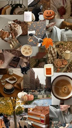 a collage of photos with pumpkins, coffee and other things in them that are all over the place