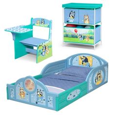 children's bedroom furniture including a bed, desk and chair with cartoon characters on it