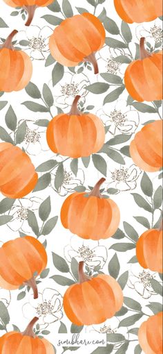 watercolor pumpkins with leaves and flowers on a white background seamless wallpaper