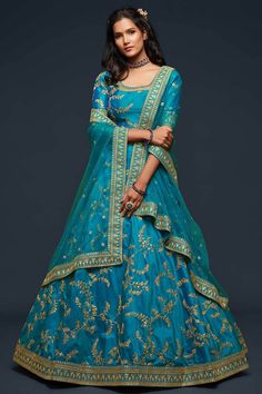 Buy Art Silk Embroidered Lehenga Choli in Teal Blue Green Lehenga Choli, Desert City, Lehenga Choli Designs, Choli Dress, Fine Embroidery, Green Lehenga, Vert Turquoise, Blue Lehenga, Net Lehenga