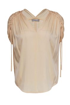 Current Boutique-Vince - Cream Ruched-Sleeve Silk Blouse Sz S Sleeveless Top With Gathered Neckline For Spring, Elegant Spring Top With Ruched Sides, Summer Workwear Tops With Gathered Sleeves, Chic Summer Top With Gathered Neckline, Casual V-neck Top With Gathered Neckline, Chic Ruched Tops, Casual Sleeveless Ruched Blouse, Elegant Sleeveless Top With Ruched Sides, Spring Top With Gathered Neckline