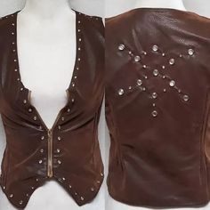 Rare Vintage 1940s-50s Brown Textured Leather Bling Embellished Conmatic Zipper Vest. - No Tags, Handmade - Conmatic Zipper From The 1940s-1950s - Soft Brown Textured Leather, Feels Like Suede - Deep V-Neck And Hem - Sleeveless - Shiny Rhinestones With Silver Based Piping - Rhinestone Star On Back - Rhinestones May Have Been Added Later - Fully Lined - Sexy Cut Size Extra Small-Small Approximate Measurements: Bust - 15.5 Inches Waist - 14.25 Inches Length (Shoulder To Point) - 20 Inches Vintage, Moto Vest, Zipper Vest, Biker Vest, Biker Chic, Brown Texture, Soft Brown, Brown Silver, Vintage Jacket, Deep V Neck