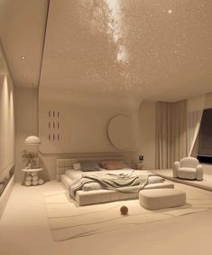 a bedroom with white furniture and stars in the sky on the ceiling is lit by lights