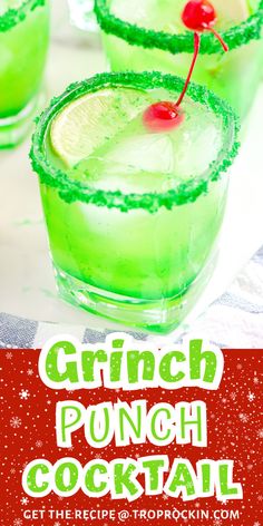 two glasses filled with green punch cocktail on top of a white tablecloth and red lettering that reads grin punch cocktail get the recipe