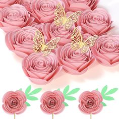 there are many pink roses with gold butterflies on them and one is cut out from the paper