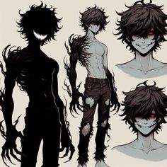 an anime character with black hair and red eyes is shown in three different poses, including the