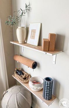 a white wall with two shelves and some items on it next to a potted plant