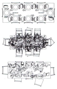 two diagrams showing the different parts of a dining room table and chairs, with one drawing of