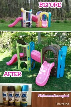 the before and after shots of an outdoor play set