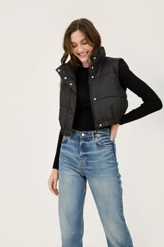 ZIP FRONT HIGH COLLAR SNAP BUTTON CLOSURE DETAIL SLEEVELESS ELASTICIZED HEM PUFFER VEST SOLID LINED Short Sleeve Puffer Jacket Outfit, Cropped Black Vest Outfit, Cropped Vest Outfit, Short Sleeve Puffer, Black Puffer Vest Outfit, Japan Fits, Plus Jumpsuit, Fall Vest, Vest Outfit