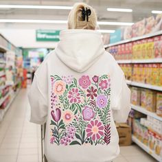 Flower Hoodie | Cottagecore Clothing | Shop Now | Sisterly Gifts White Cotton Hoodie With Floral Print, White Floral Print Cotton Hoodie, White Floral Print Hoodie For Spring, Spring Cotton Hoodie With Floral Print, Floral Print Hoodie Sweatshirt For Spring, Pastel Hoodie, Unique Floral Design, Flower Hoodie, Floral Hoodie