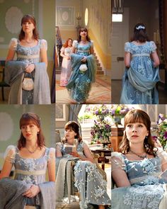 several pictures of women dressed in blue and white dresses, including one woman with red hair