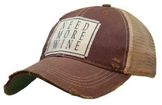 Details Vintage Distressed Trucker Cap "Need More Wine" Color: Maroon Distressed Material: Cotton/Polyester blend, Mesh backSize: One size fits most, with an adjustable snapback strap. Unisex cap. Canoe Accessories, Women Trucker, Bad Moms, Distressed Hat, Vintage Trucker Hats, Vintage Life, Womens Baseball Cap, Wine Color, Wine Colored