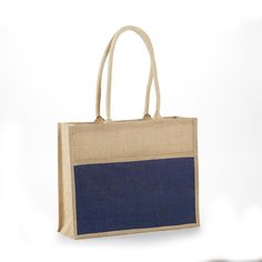 Embrace eco-friendly shopping in style with our All Natural 2 Tone Jute Shopping Tote. Crafted from sustainable jute material, this spacious tote with a size of 17"L x 13"W x 6"H offers ample room for all your essentials. Custom printed with your unique design, it's the perfect promotional item that showcases your commitment to the environment while making a lasting impression. Custom Printed Pensacola Front Pocket Two Tone Jute Tote Bag in Navy | Totes | Jute Totes Rectangular Natural Canvas Bag Recyclable, Rectangular Natural Recyclable Canvas Bag, Sand Colored Jute Tote Bag, Blue Jute Tote Bag, Jute Bag, Eco-friendly Natural Bags With Reinforced Handles, Rectangular Burlap Bags For Shopping, Sand-colored Jute Bag For Everyday Use, Blue Woven Jute Bag