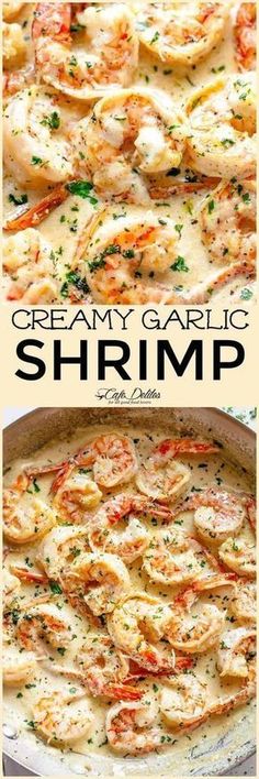 creamy garlic shrimp in a skillet with parsley on top and the words creamy garlic shrimp