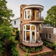 a round house with lots of windows and balconies on the top floor is surrounded by greenery