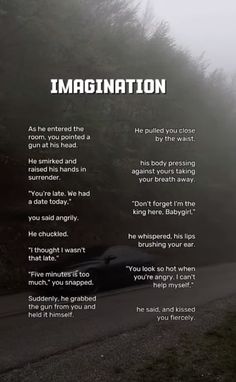 a poem written on the side of a road next to a forest with trees and fog