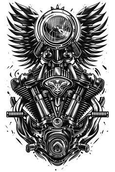 a motorcycle engine with wings on it's front and back end, as well as the