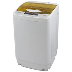 a white washing machine sitting on top of a white floor next to a trash can