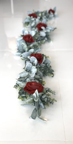 red and white flowers are lined up on the floor next to each other in a row