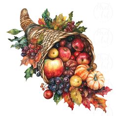 a basket filled with lots of fruit and leaves next to a turkey hat on top of it