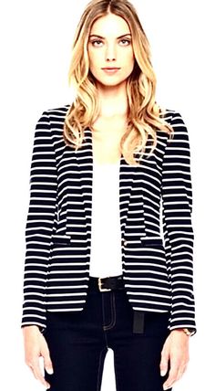 Michael Kors Long-Sleeve Striped Ponte-Knit Blazer. Beautiful blaze by Michael Kors navy and white striped knit blazer, fairly heavy, two front pockets. in great condition. retail $160 Laying flat measurements: 17” pit to pit 22” long from shoulder to hem 24” long sleeve 15” shoulders Michael Kors Outlet, Knit Blazer, Cute Jackets, Striped Knit, Work Casual, Blazers For Women, Casual Jacket, Navy And White, Favorite Outfit