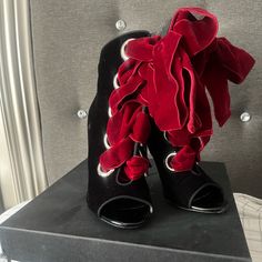 Very Good Condition Only Worn Twice, Velvet Material. No Dust Bag Box Included. Well Kept! Elegant Evening Heels With Open Side Vamp, Elegant Open Side Vamp Heels For Evening, Designer Suede Boots For Party, Party Boots With Red Sole And Lace-up Design, Party Lace-up Boots With Red Sole, Designer Suede Evening Boots, Luxury Suede Party Boots, Evening Lace-up Heels With Red Sole, Luxury Lace-up Evening Heels