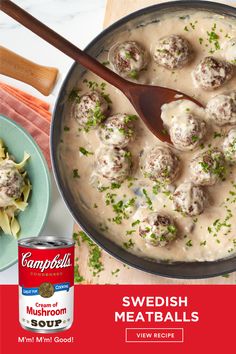 swedish meatballs with gravy in a pan next to a can of soup