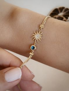 Handmade 14K solid gold sun bracelet, herringbone chain, 14K solid gold evil eye bracelet, Gold for Women and Girls, christmas gift, Valentine's Day  ✪ Handmade / Handcrafted Fine Jewelry  ✪ Gold Weight: Approx. 4.57-6.0g   ✪ Metal:  14K Solid Gold   ✪Width of each Bangles:   ✪ Length of the each Bangles: 4-10 inches   ✪ Gold Color: White gold, Rose gold, Yellow gold ♡ For questions or special designs, please contact us via message. We are happy to hear from our customers and always respond quickly. Comments are always valuable. 🎁 TRANSPORTATION You can put your choice in the cart, it will be in stock and shipped within 24 hours! . Deliveries are made within 3-5 days. We are not responsible for customs duties incurred during international orders. ☎ Please leave your phone number at the ch Evil Eye Gold Bracelet For Women, Gold Breclates Girl, Braclet Designs For Girls Gold, Gold Breslate Design For Women Pakistani, Bracelet For Girls Gold, Hand Bracelet Gold For Women, Women Bracelets Gold Designs, Girls Bracelet Designs Gold, Chain Bracelet Gold For Women