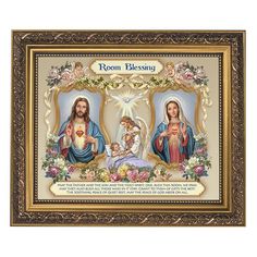 an image of the virgin mary and baby jesus with flowers on it, framed in gold