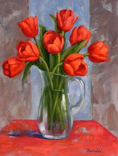 a painting of red tulips in a glass vase