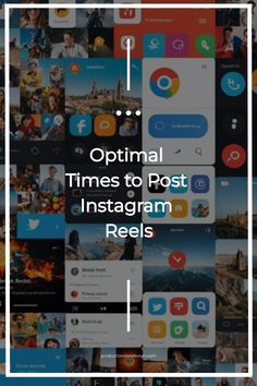 Optimal times to post Instagram Reels displayed over a colorful background of social media app icons and images.