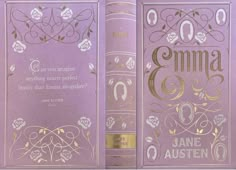 the front and back covers of an ornate purple book with gold foil lettering on it