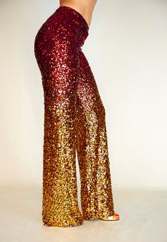 The Lebied Slava Sequin Palazzo pants in Ruby Red. Powerful. Madonna Ray Of Light, Golden Waterfall, Gold Sequin Pants, Glittery Outfits, Sparkly Pants, Sequin Kimono, Sequin Pants, Gold Pumps, Red Pants