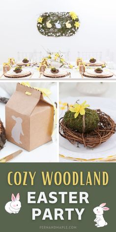 a collage of photos with the words cozy woodland easter party