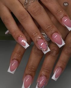 White Y2k French Tip Nails, Nail Design With Pink Base, Half Inch Nails, Simple Pink Nails With Gems, Initial Short Nails, Original French Tip Nails, Birthday Nails With Initial, Cute Nail Ideas Black Women, French Tip Short Nails With Design