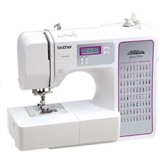 the brother sewing machine is white and has pink trim