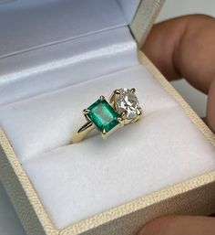 custom 14 k karat yellow gold toi et moi two stone engagement ring band design Toi Eh Moi Ring, Sinple Emerald Engagement Ring, Toi Et Moi Emerald And Diamond, You And Me Engagement Ring, Two Gemstone Ring, Toi Et Moi Engagement Rings Sapphire, Ken And Dana Designs, Stone Engagement Rings, Emerald Engagement Ring