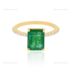 "Trendy and appealing, this 18k Yellow Gold Ring from Spectrum Jewels studded with Zambian Emerald is a must-have in your accessory collection. This designer Ring is featuring an eye-catching finish, which is worth investing in. ✧✧Welcome To Our Shop Spectrum Jewels India✧✧ \"\"18k Yellow Gold Zambian Emerald Ring For Women, Natural Diamond Stackable Ring For Birthday Gift, Valentine Ring Jewelry For Wife\"\" ★PRODUCT SPECIFICATION★ * ITEM CODE - SER-2759 * METAL - 18k Yellow Gold * 18k Yellow G 14k Gold Rings With Pave Setting, Emerald Cut, Yellow Gold Emerald Ring With Pave Setting For Promise, Emerald Cut 14k Gold Ring With Pave Setting, Gold Emerald Ring With Pave Setting As Gift, Emerald Ring With Pave Setting For Gift, Emerald Ring With Pave Setting As A Gift, Yellow Gold Ring With Pave Setting And Emerald Cut, Emerald Cut Pave Setting Diamond Ring Gift, Emerald Promise Ring With Pave Setting