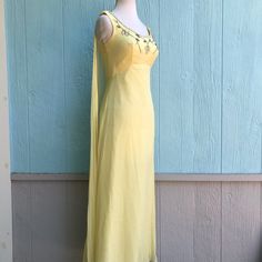 Questions? Leave A Comment Below! 60s Nightgown, Wedding Dress Color, Dresses Vintage, Colored Wedding Dresses, Vintage Yellow, Night Gown, Bridal Dresses, One Shoulder Dress, Vintage Dresses