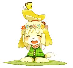 a cartoon dog sitting on the ground wearing a flower crown