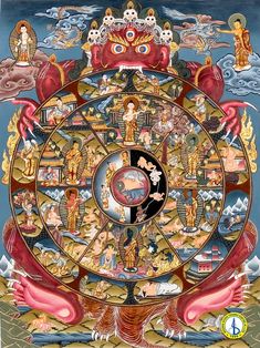 An intricate depiction of the Wheel of Life, symbolic representation of the cycle of existence in Buddhist philosophy. The wheel is divided into sections representing different realms of existence, each illustrating aspects of human existence and the consequences of karma. In the center, a hub with three animals representing ignorance, greed, & hatred—drives the perpetual cycle. Surrounding the hub are various scenes depicting birth, life, death, & rebirth, showing continuous cycle of existence. Buddhist Wheel Of Life, Path To Enlightenment, Ancient Chinese Art, Digital Art Poster, Symbolic Representation, Thangka Painting, Cycle Of Life, Wheel Of Life