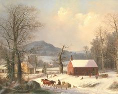 a painting of horses pulling a sleigh through a snowy country landscape with a barn