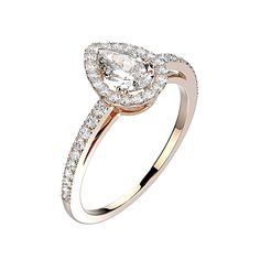 an engagement ring with a pear shaped diamond in the center and two rows of diamonds around it