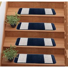 three blue and white rugs are on the stairs next to a potted plant