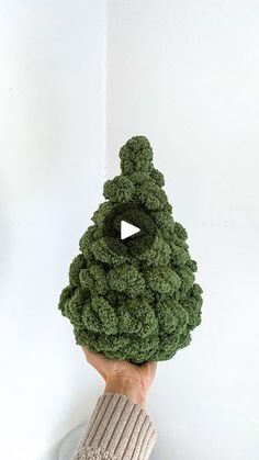 a person is holding up a fake green christmas tree in their hand with a video play button on it