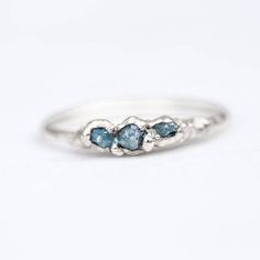 Triple Raw Blue Diamond Ring, Silver Raw Gemstone Ring, Dainty Gemstone Ring, Gift for Women, Boho Ring, Minimalist Ring, Rough Diamond Ring Ring For Women Silver, Diamond Ring For Women, Middle Finger Ring, Raw Crystal Ring, Rough Diamond Ring, Raw Gemstone Jewelry, Raw Gemstone Ring, Blue Diamonds, Blue Diamond Ring